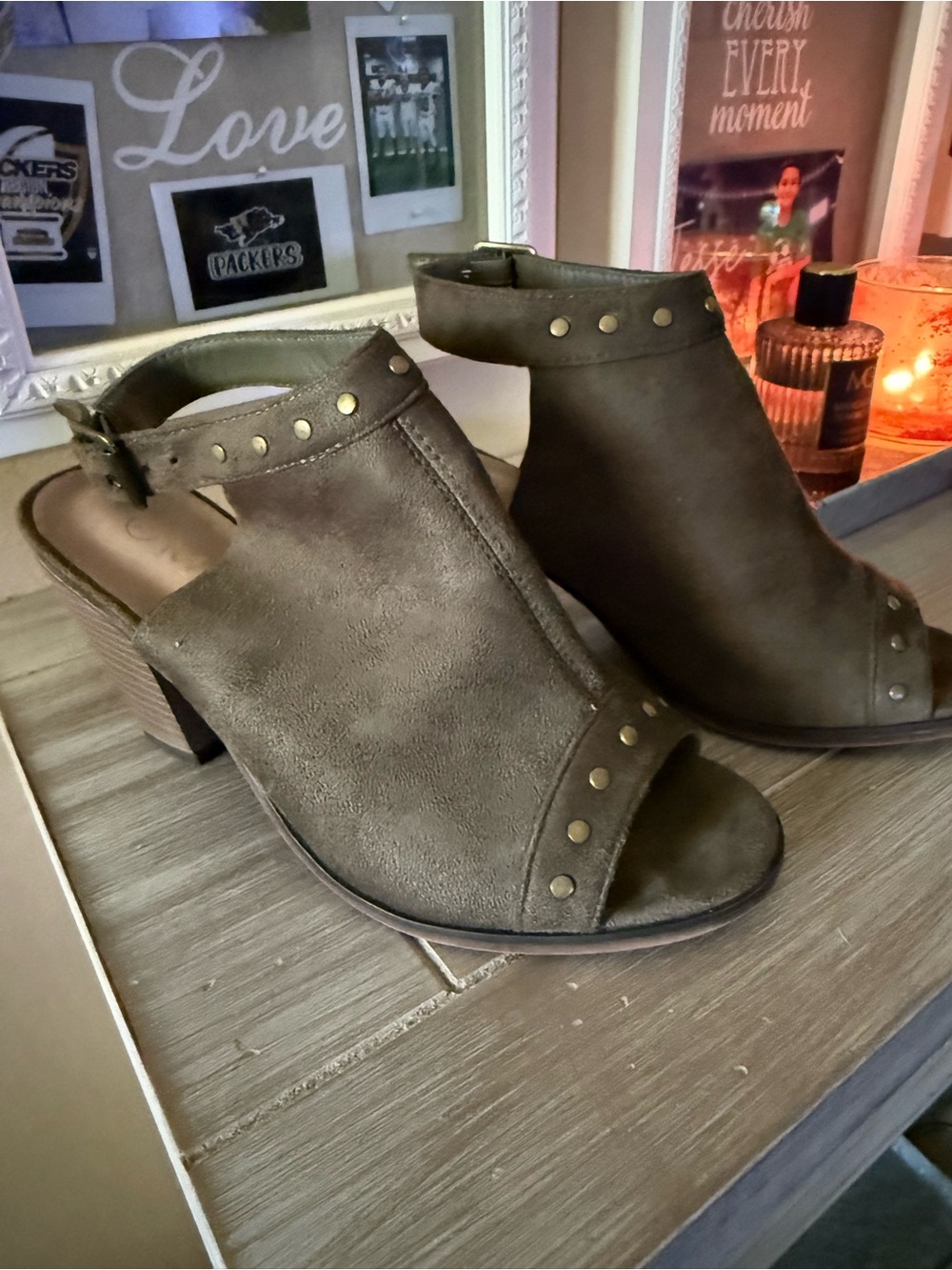 Mata Shoes Olive Brown Studded Open-Toe Slingback Heels